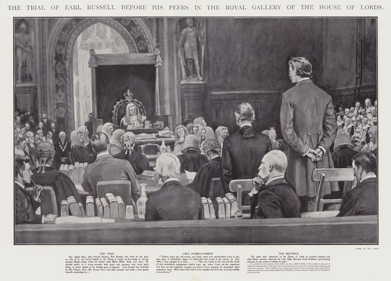 Rettssaken mot jarl Russell foran sine jevnaldrende i Royal Gallery of the House of Lords, Westminster (litho) av Walter Paget