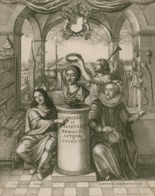 Byste av Charles II, med Lord Brouncker (til venstre), den første presidenten i Royal Society, og Francis Bacon (til høyre) av Wenceslaus Hollar