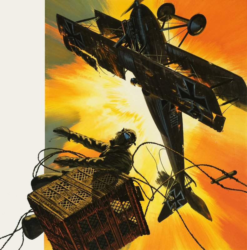 En ballong fylt med eksplosiv gass satte en stopper for karrieren til den tyske flysoldaten Rudolf von Eschwege fra første verdenskrig. av Wilf (20th century) Hardy