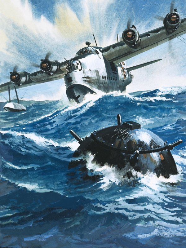Da flyvende offiser GO Singleton startet motoren på Short Sunderland, så han en drivende mine. av Wilf (20th century) Hardy