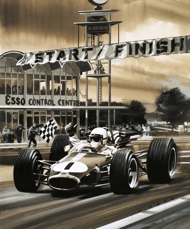 Jack Brabham gir tommelen opp når han vinner den aller første kanadiske Grand Prix. av Wilf (20th century) Hardy