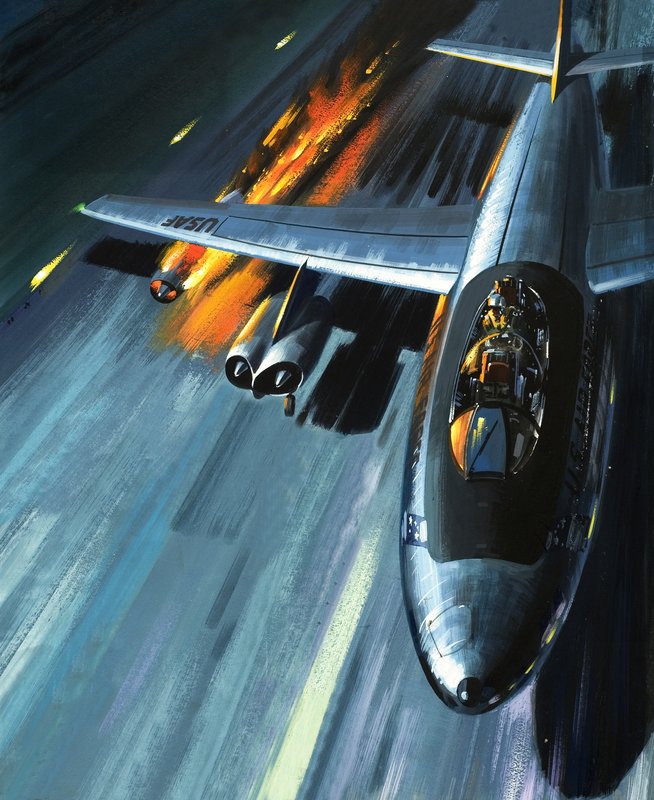 Mareritt i en flammende bombefly, illustrasjon fra «Menn og maskiner» av Wilf (20th century) Hardy
