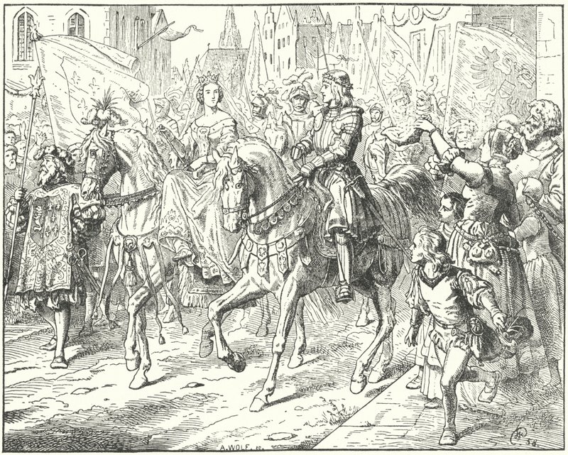 Erkehertug Maximilian, den fremtidige hellige romerske keiseren Maximilian I, med sin brud, Maria av Burgund, i Gent av Wilhelm Camphausen