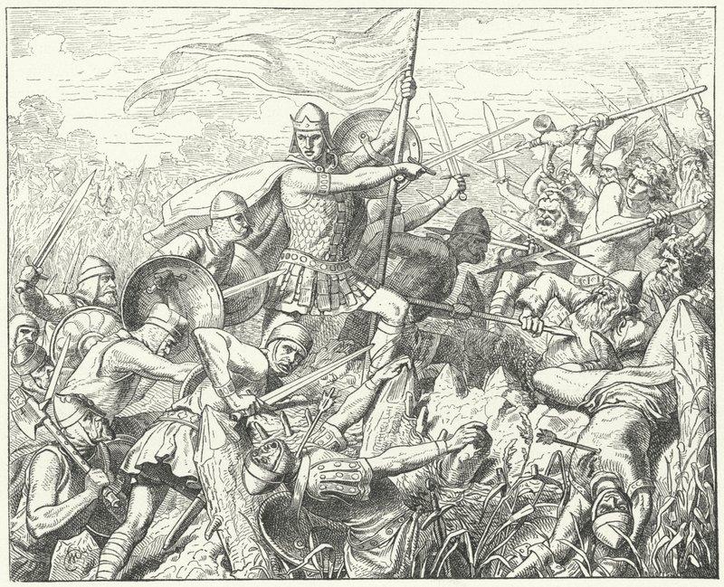 Arnulf av Kärnten stormer det normanniske forsvaret ved elven Dyle, 891 (gravering) av Wilhelm Camphausen