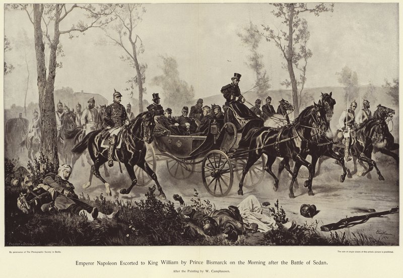 Keiser Napoleon ble eskortert til kong William av prins Bismarck morgenen etter slaget ved Sedan av Wilhelm Camphausen