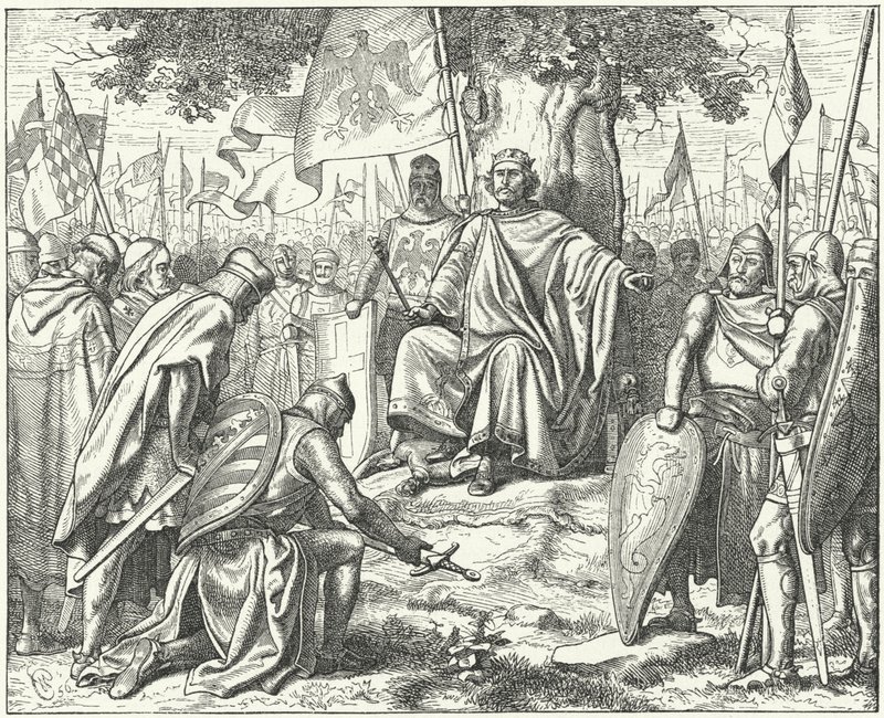 Underkastelse av de saksiske fyrstene til den hellige romerske keiser Henrik IV ved Spira etter deres nederlag i slaget ved Langensalza av Wilhelm Camphausen