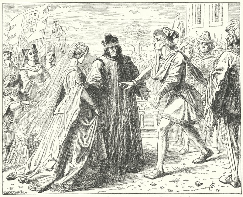 Den hellige romerske keiseren Frederick III møter sin forlovede, Eleanor av Portugal, i Siena av Wilhelm Camphausen