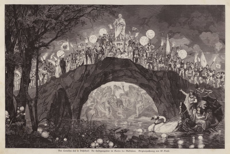 Festival som feirer kunstneren Peter von Cornelius i Malkastenpark, Düsseldorf, Tyskland (gravering) av Wilhelm Gause