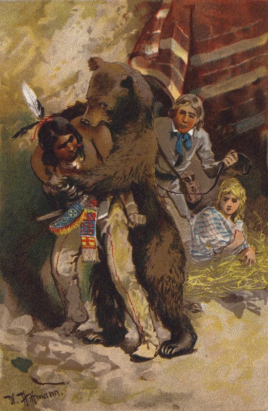 Scene fra The Last of the Mohicans, av James Fenimore Cooper (farge litho) av Wilhelm Hoffmann