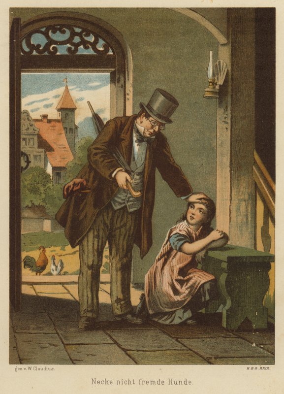 Far som trøstet datteren sin etter at hun led konsekvensene av å erte en hund (farge litho) av Wilhelm Ludwig Heinrich Claudius