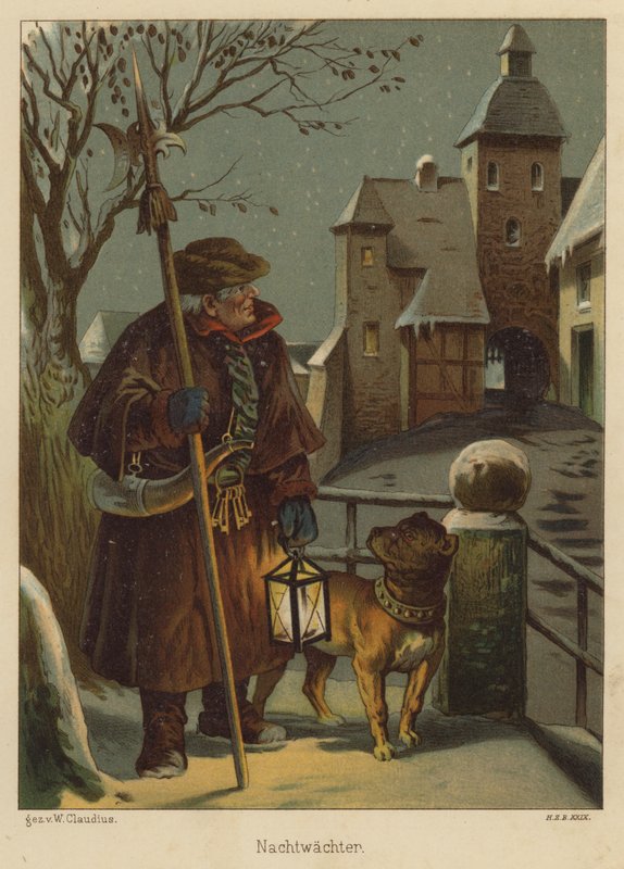 Nattevakt (farge litho) av Wilhelm Ludwig Heinrich Claudius