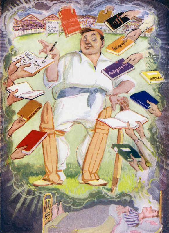 Drømmen om Potts Minor før skolens cricketkamp (farge litho) av Will Dyson