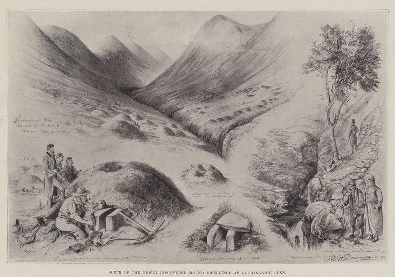 Scene av de nylig oppdagede haugboligene ved Auchingaich Glen av William A. Donnelly
