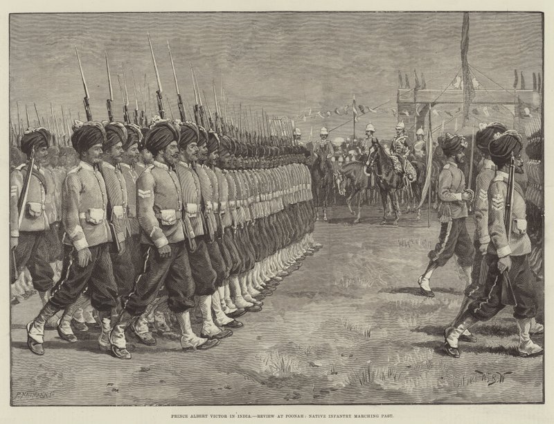 Prins Albert Victor i India, anmeldelse ved Poonah, innfødt infanteri som marsjerer forbi av William Barnes Wollen