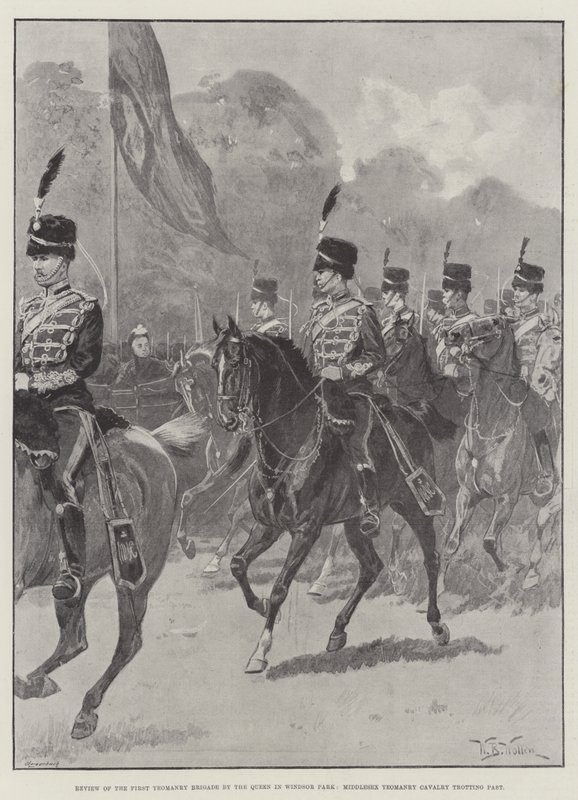 Gjennomgang av First Yeomanry Brigade av dronningen i Windsor Park, Middlesex Yeomanry Cavalry traver forbi av William Barnes Wollen