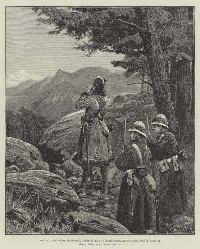 The Black Mountain Expedition, Advanced Post of Northumberland Fusiliers bortenfor Bagrwan av William Barnes Wollen