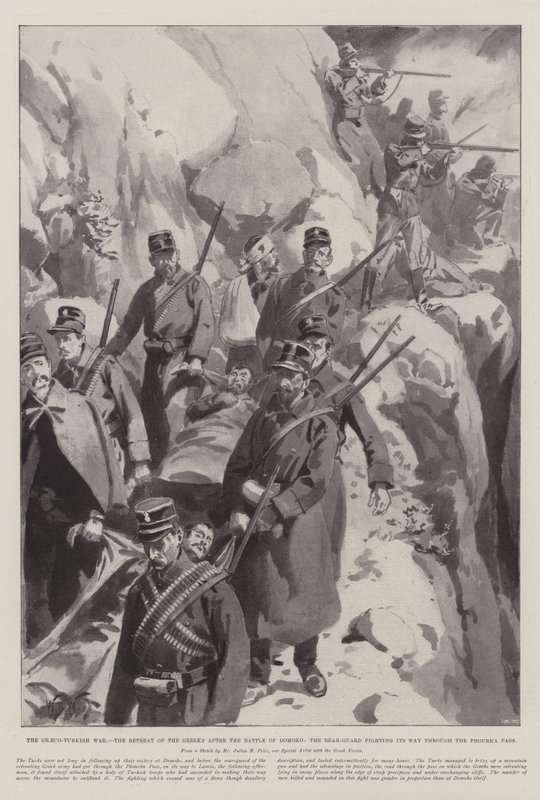 Den gresk-tyrkiske krigen, grekernes retrett etter slaget ved Domoko, bakvakten kjempet seg gjennom Phourka-passet av William Barnes Wollen