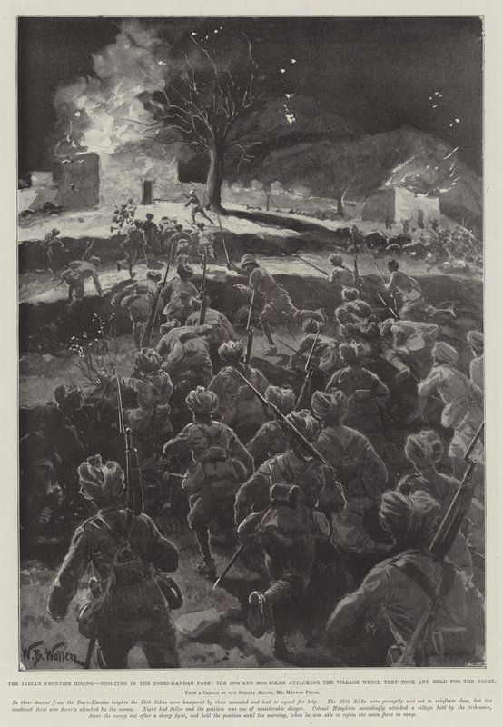 Indian Frontier Rising, kjemper i Tseri-Kandao-passet, 15. og 36. sikher angriper landsbyen som de tok og holdt for natten av William Barnes Wollen