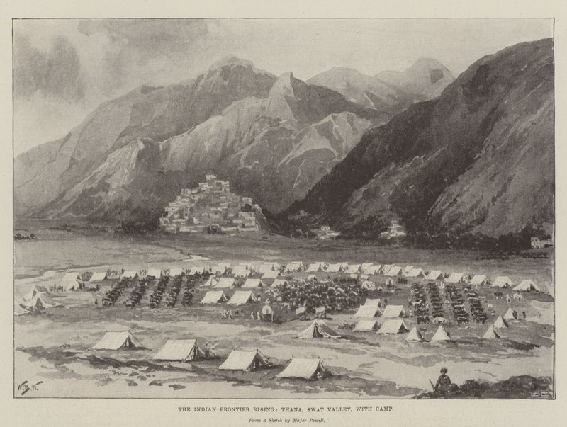 The Indian Frontier Rising, Thana, Swat Valley, med leir av William Barnes Wollen