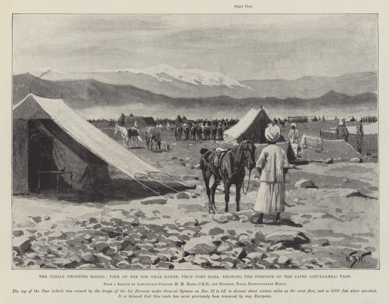 The Indian Frontier Rising, utsikt over Tor Ghar Range, fra Fort Bara, som viser posisjonen til Sapri (Ghuzdarra) Pass av William Barnes Wollen