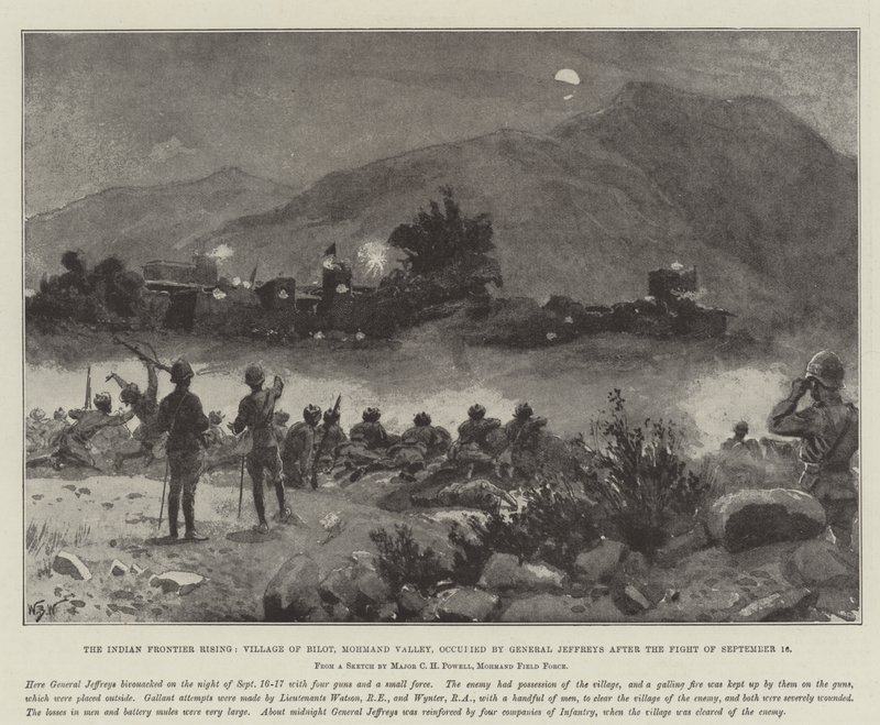 The Indian Frontier Rising, Village of Bilot, Mohmand Valley, okkupert av general Jeffreys etter kampen 16. september av William Barnes Wollen