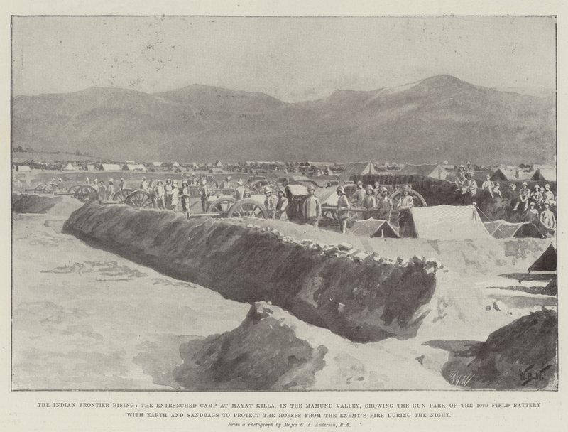 The Indian Frontier Rising, the Entrenched Camp ved Mayat Killa, i Mamund Valley, som viser Gun Park of the 10th Field Battery med jord og sandsekker for å beskytte hestene mot fiendens ild av William Barnes Wollen