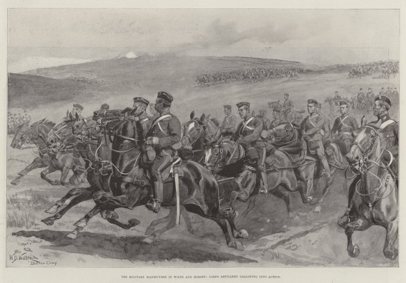 De militære manøvrene i Wilts og Dorset, korpsartilleri galopperer inn i aksjon av William Barnes Wollen