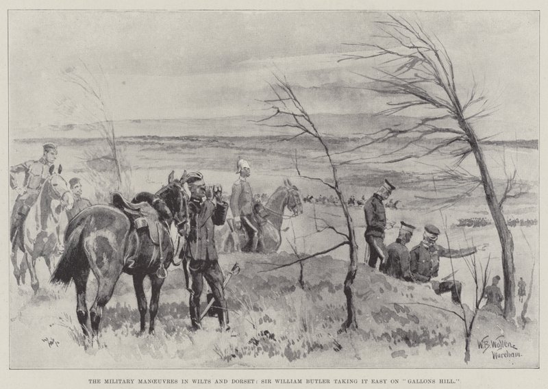 The Military Maneuvers in Wilts and Dorset, Sir William Butler tar det med ro på Gallons Hill av William Barnes Wollen