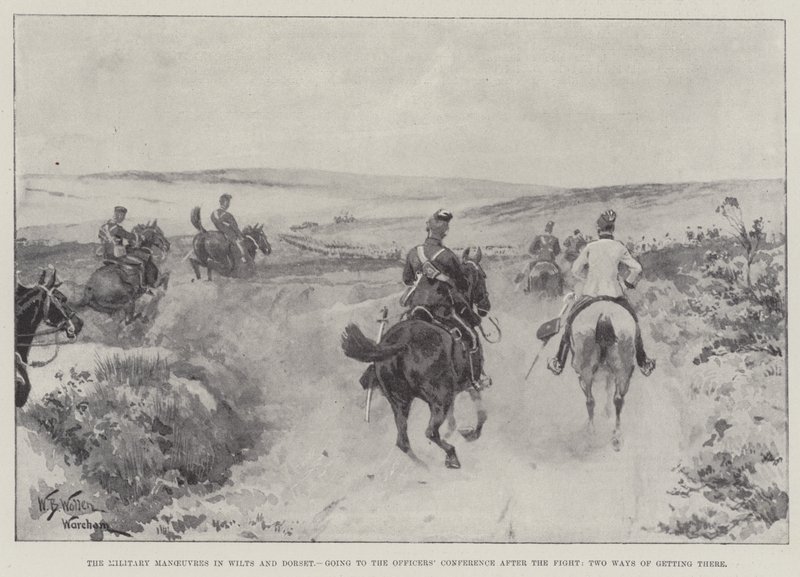 De militære manøvrene i Wilts og Dorset, på vei til offiserskonferansen etter kampen, to måter å komme dit på av William Barnes Wollen
