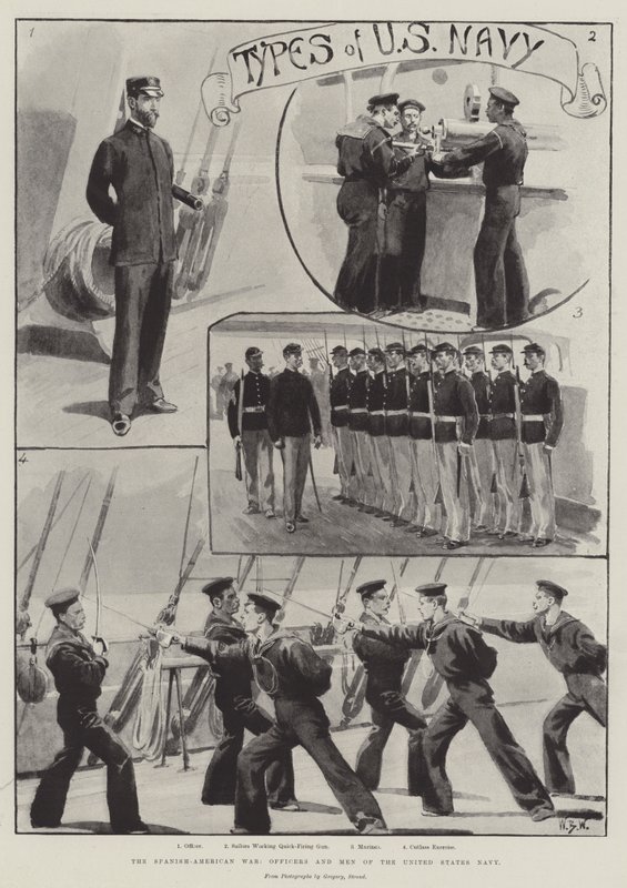 Den spansk-amerikanske krigen, offiserer og menn fra den amerikanske marinen av William Barnes Wollen