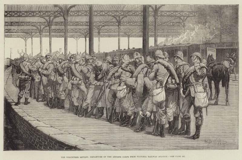 The Volunteer Review, Artists Corps avgang fra Victoria jernbanestasjon av William Barnes Wollen
