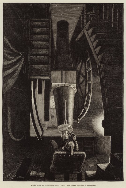 Nattarbeid ved Greenwich Observatory, det store ekvatorialteleskopet av William Bazett Murray