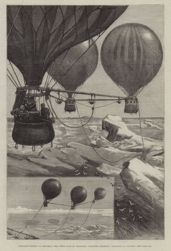 Foreslått metode for å nå nordpolen med ballonger, ballonger som starter, ballonger ved anker av William Bazett Murray