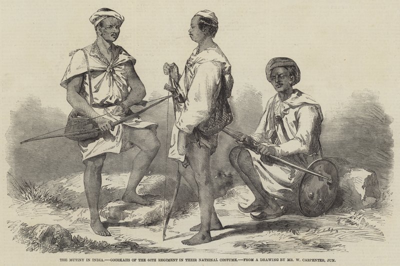 Mytteriet i India, goorkaene fra det 66. regiment i deres nasjonaldrakt av William Carpenter