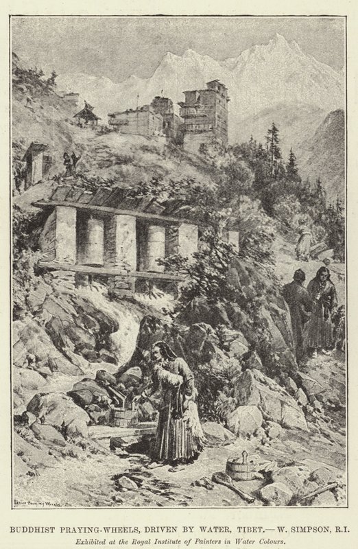 Buddhist Praying-Wheels, drevet av vann, Tibet av William Crimea Simpson