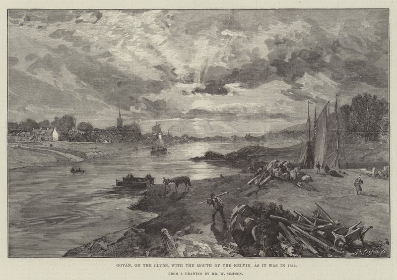 Govan, på Clyde, med munnen til Kelvin, slik det var i 1842 av William Crimea Simpson