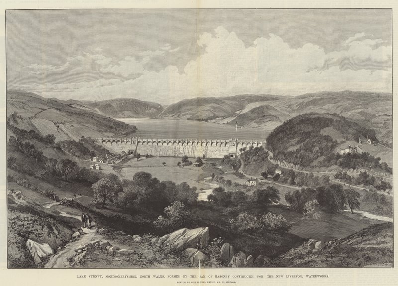 Lake Vyrnwy, Montgomeryshire, Nord-Wales, dannet av Dam of Masonry konstruert for New Liverpool Waterworks av William Crimea Simpson