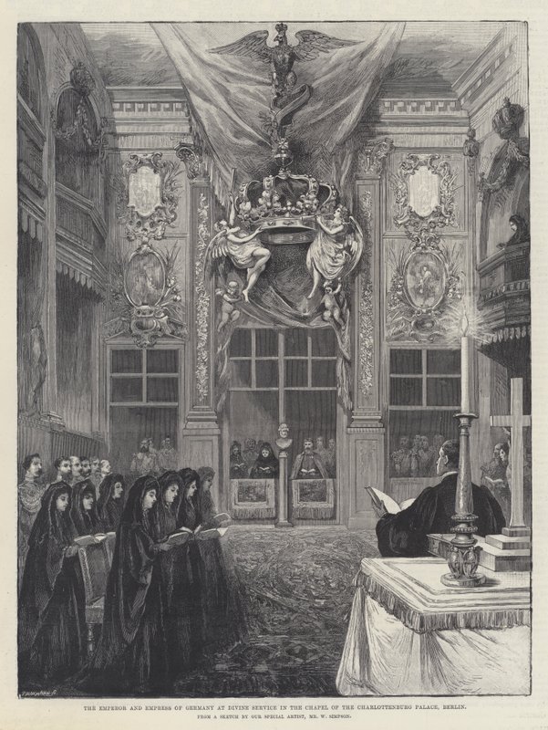 Keiseren og keiserinnen av Tyskland ved gudstjeneste i kapellet i Charlottenburg-palasset, Berlin av William Crimea Simpson