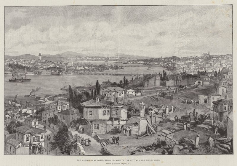 Massakrene i Konstantinopel, utsikt over byen og Det gylne horn av William Crimea Simpson