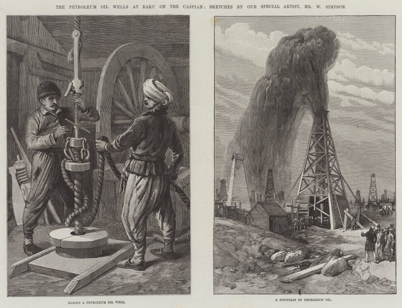Petroleumsoljebrønnene ved Baku ved Kaspiahavet av William Crimea Simpson