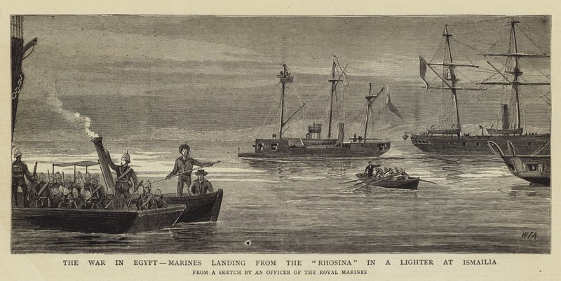 Krigen i Egypt, marinesoldater som lander fra Rhosina i en lighter ved Ismailia av William Edward Atkins