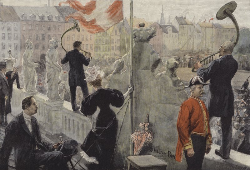 Trompetister på taket av Etnografisk museum i København på sankthansdagen av William Friedrich Georg Pape