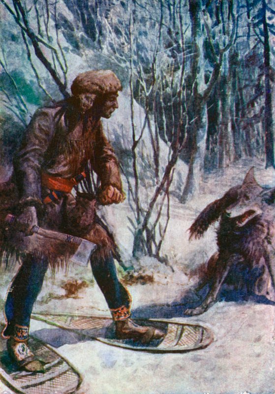 En stor ulv går mot ham og lander nesten ved føttene hans av William Henry Charles Groome