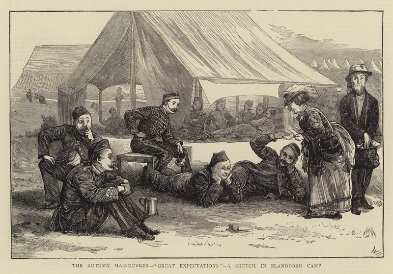 Høstmanøvrene, store forventninger, en skisse i Blandford Camp av William III Bromley