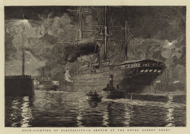 Dock-Lighting by Electricity, en skisse ved Royal Albert Docks av William Lionel Wyllie