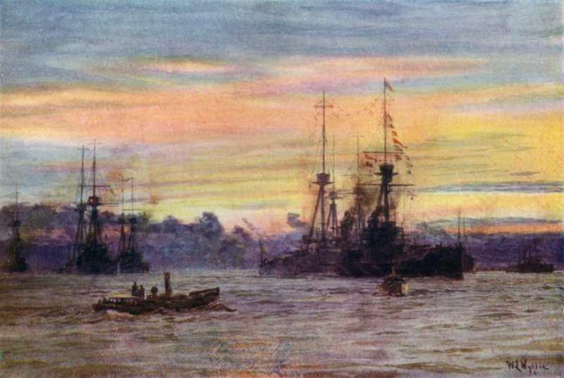 Dreadnoughts forankring, 1912 av William Lionel Wyllie