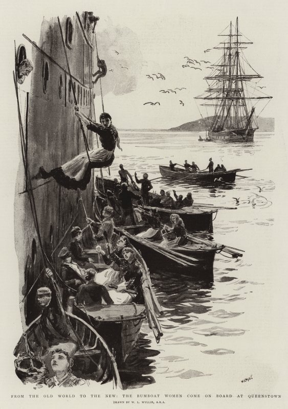Fra den gamle verden til den nye kommer Bumboat-kvinnene om bord i Queenstown av William Lionel Wyllie