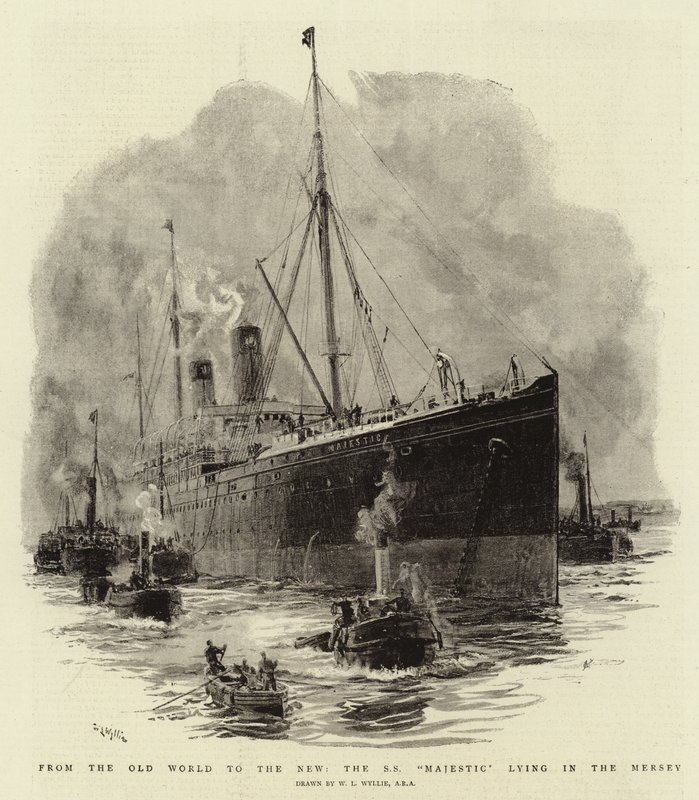 Fra den gamle verden til den nye, S S Majestic som ligger i Mersey av William Lionel Wyllie