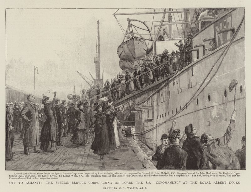Av til Ashanti, Special Service Corps som går om bord på SS Coromandel ved Royal Albert Docks av William Lionel Wyllie