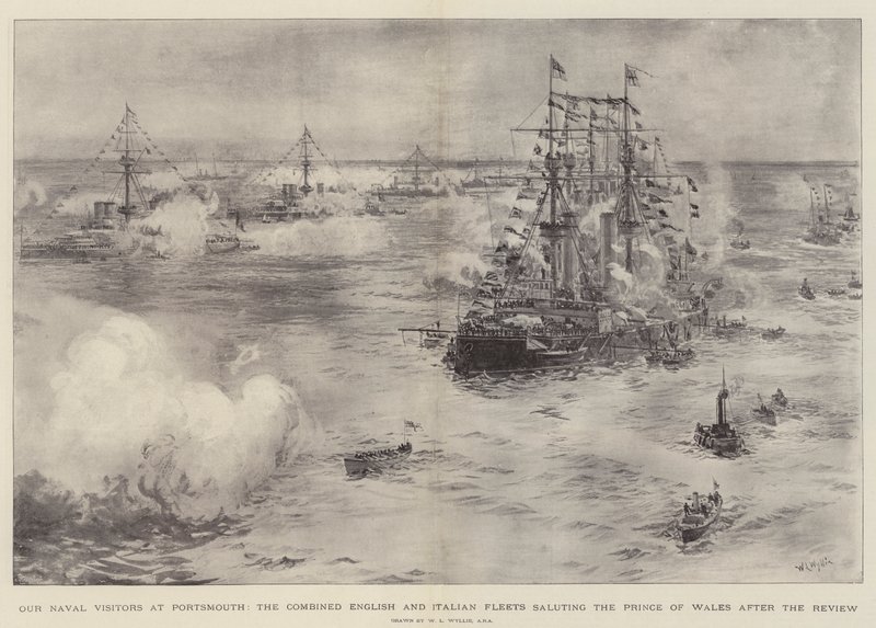 Våre marinebesøkende i Portsmouth, den kombinerte engelske og italienske flåten hilser prinsen av Wales etter gjennomgangen av William Lionel Wyllie